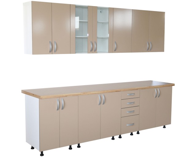Bucatarie Zebra 260 cm din PAL Cappuccino cu blat termoizolant crem